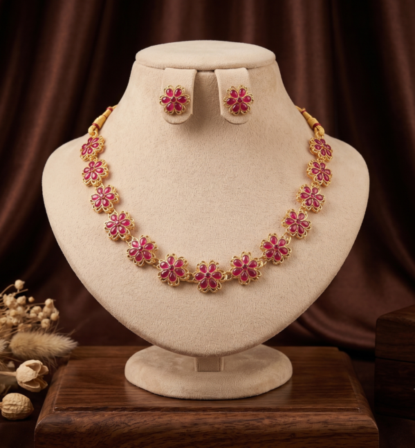 Ruby Red Floral Stone Necklace Set Ruby Red Floral Stone Necklace Set with Earrings