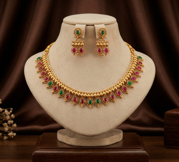Ruby Red and Emerald Green Oval Stone Necklace Set with Earrings