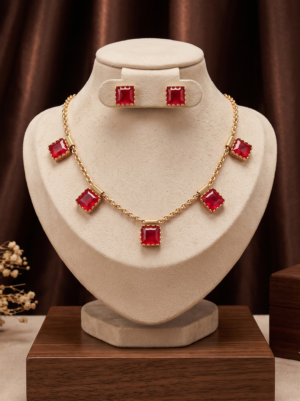 Ruby Red Square Stone Necklace Set Ruby Red Square Stone Necklace Set with Earrings