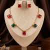 Ruby Red and Emerald Green Square Stone Necklace Set with Earrings
