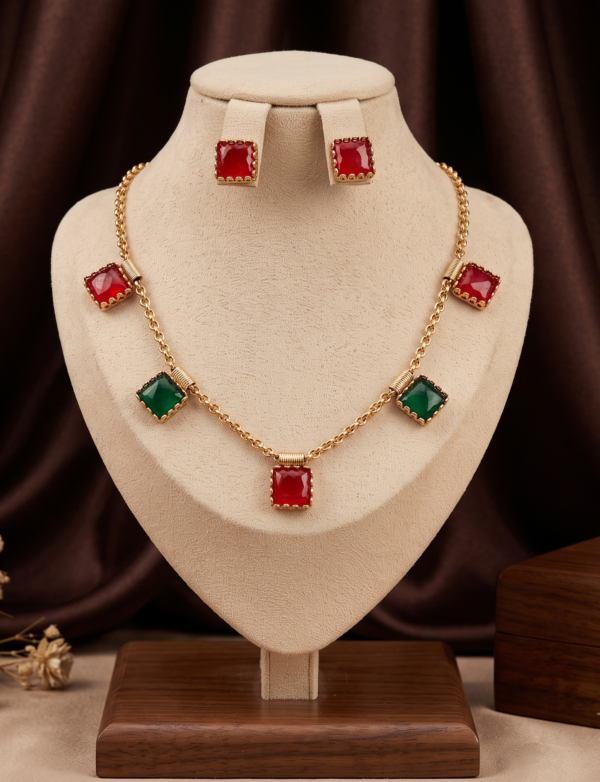 Ruby Red and Emerald Green Square Stone Necklace Set with Earrings