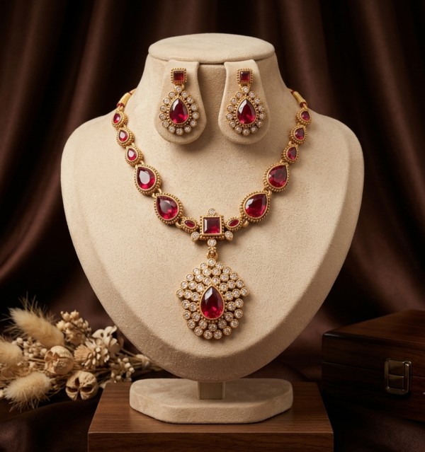 Ruby Red Kundan Teardrop Pendant Necklace Set Ruby Red Kundan Teardrop Pendant Necklace Set with Earrings