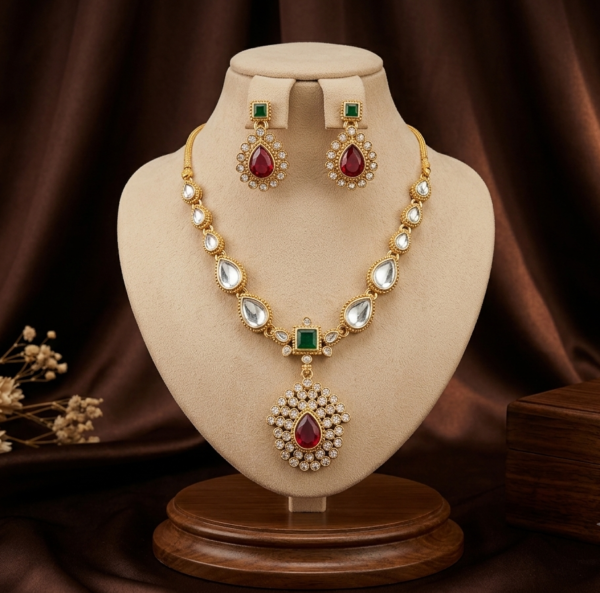 Multicolour Kundan Teardrop Pendant Necklace Set Multicolour Kundan Teardrop Pendant Necklace Set with Earrings