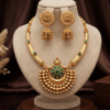 Temple Jewellery Pendant Necklace Set with Green Stones and Jhumka Earrings