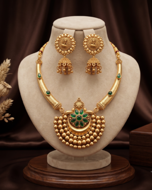 Temple Jewellery Pendant Necklace Set with Green Stones and Jhumka Earrings