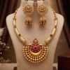 Temple Jewellery Pendant Necklace Set with Ruby Stones and Jhumka Earrings