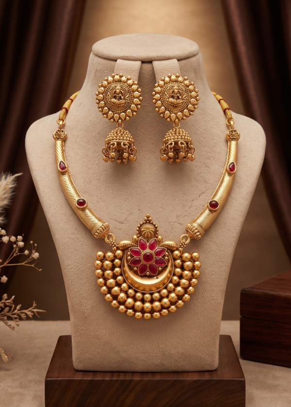 Temple Jewellery Pendant Necklace Set with Ruby Stones and Jhumka Earrings