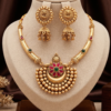 Temple Jewellery Pendant Necklace Set with Ruby Red and Emerald Green Stones
