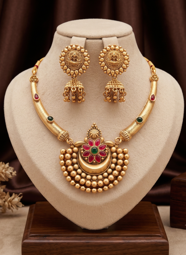 Temple Jewellery Pendant Necklace Set with Ruby Red and Emerald Green Stones