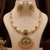 Antique Gold Temple Pendant Necklace Set with Emerald Green Stones