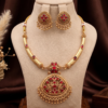 Antique Gold Temple Pendant Necklace Set with Ruby Red Stones