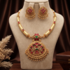 Antique Gold Temple Pendant Necklace Set with Ruby Red and Emerald Green Stones