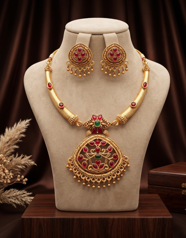 Antique Gold Temple Pendant Necklace Set with Ruby Red and Emerald Green Stones