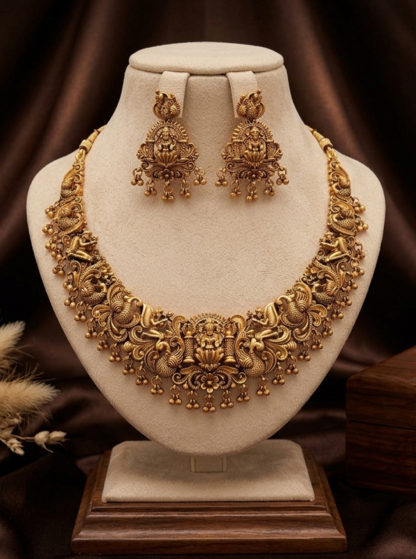 Plain Antique Gold Lakshmi Peacock Temple Necklace Set Antique Gold Lakshmi Peacock Temple Necklace Set