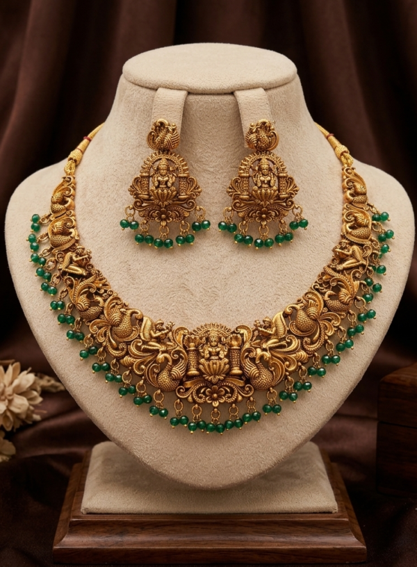 Temple Short Necklace 23 Antique Gold Lakshmi Peacock Temple Necklace Set with Earrings
