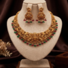 Ruby Red & Emerald Green Lakshmi Temple Necklace Set Antique Gold Lakshmi Peacock Temple Necklace Set with Earrings