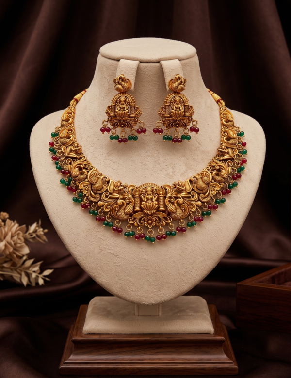 Ruby Red & Emerald Green Lakshmi Temple Necklace Set Antique Gold Lakshmi Peacock Temple Necklace Set with Earrings