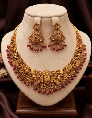 Lakshmi Peacock Temple Necklace Set with Ruby Red Beads