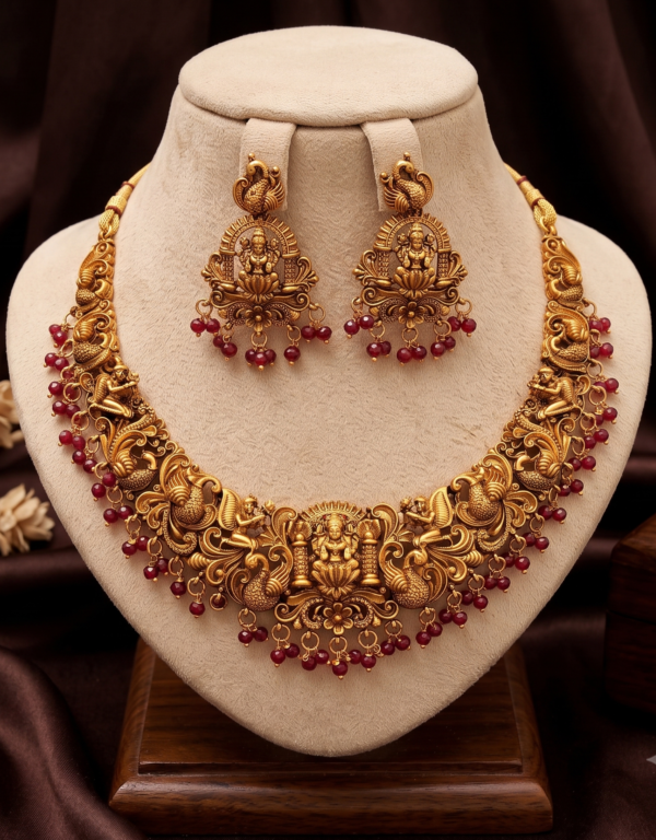 Ruby Red Lakshmi Peacock Temple Necklace Set Lakshmi Peacock Temple Necklace Set with Ruby Red Beads