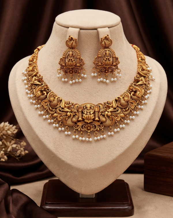 Pearl Lakshmi Peacock Temple Necklace Set Lakshmi Peacock Temple Necklace Set with Pearl Drops