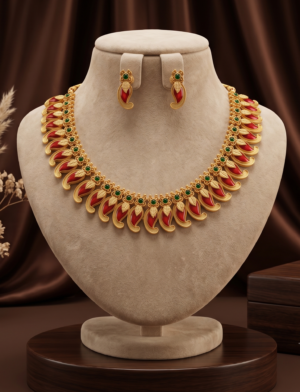 Ruby Red and Emerald Green Mango Design Matte Gold Finish Short Necklace Set with Earrings