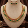 Emerald Green and Ruby Red Mango Design Matte Gold Finish Short Necklace Set with Earrings