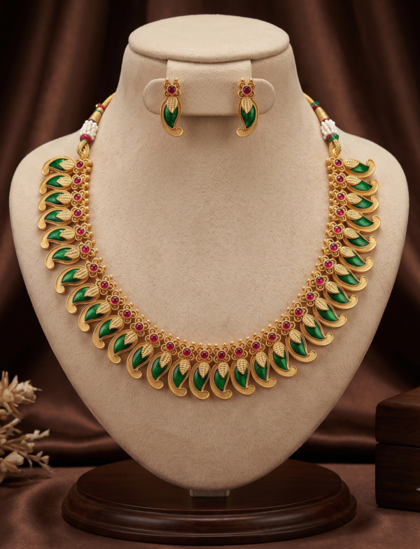 Emerald Green and Ruby Red Mango Design Matte Gold Finish Short Necklace Set with Earrings