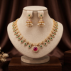 Ruby Centre Emerald Green Leaf Design AD Stone Short Necklace Set with Jhumka Earrings