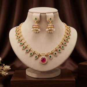 Ruby Centre Emerald Green Leaf Design AD Stone Short Necklace Set with Jhumka Earrings