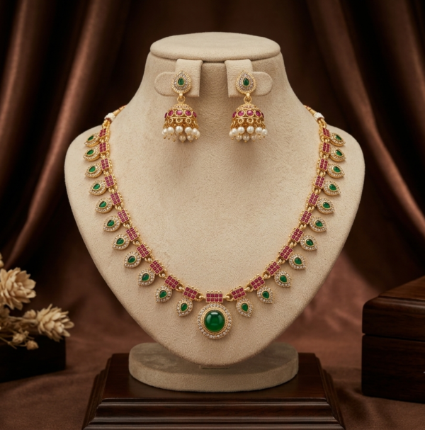 Emerald Green Centre Ruby Red Leaf Design AD Stone Short Necklace Set with Jhumka Earrings