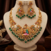 Shiv Parvati Nandi Temple Short Necklace Set with Emerald Green Beads and Earrings