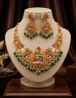 Shiv Parvati Nandi Temple Short Necklace Set with Emerald Green Beads and Earrings