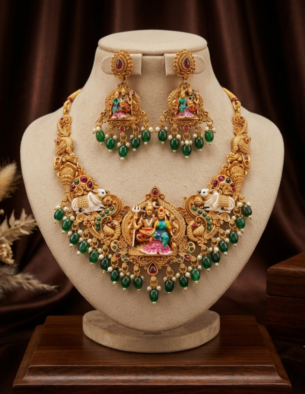 Shiv Parvati Nandi Temple Short Necklace Set with Emerald Green Beads and Earrings