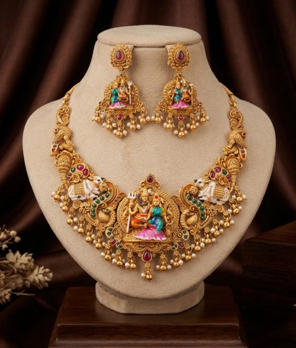 Shiv Parvati Nandi Temple Short Necklace Set with Pearl Beads and Earrings
