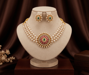 3 Layer Pearl Necklace Set with Ruby Red and Emerald Green Pendant