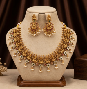 Lakshmi Temple Necklace Set with Pearl Drops and Earrings