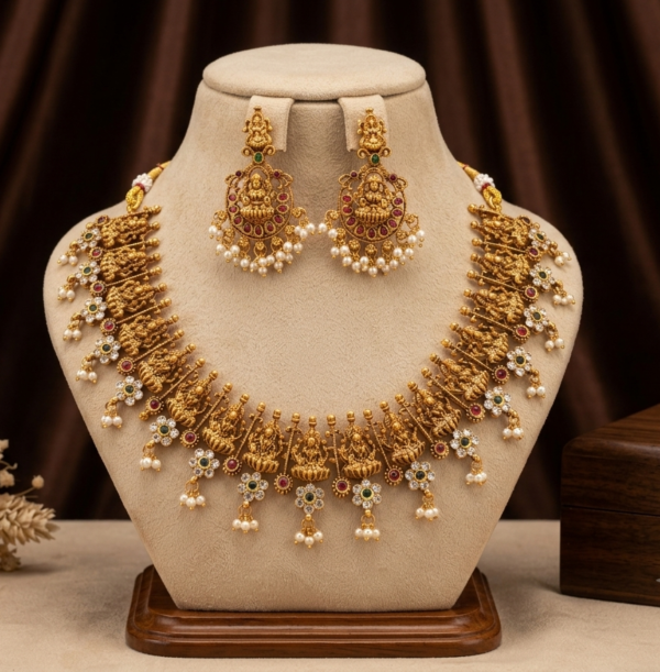 Lakshmi Temple Necklace Set with Pearl Drops and Earrings