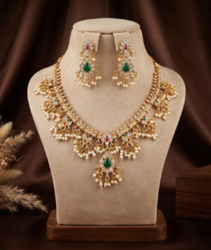 Matte Gold Finish Floral Pearl Drop Necklace Set Matte Gold Finish Floral Pearl Drop Necklace Set with Earrings