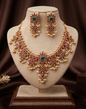 Guttapusalu Short Necklace Set with Pearl Hangings Guttapusalu Short Necklace Set with Ruby Green Stones and Earrings