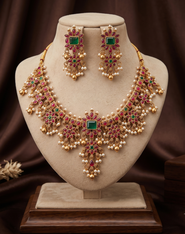 Guttapusalu Short Necklace Set with Ruby Green Stones and Earrings