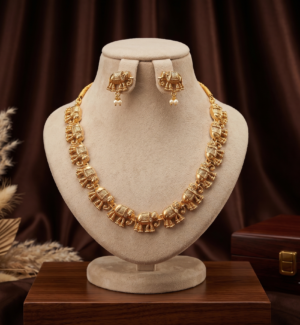 Matte Gold Finish Elephant Design Necklace Set with Matching Earrings