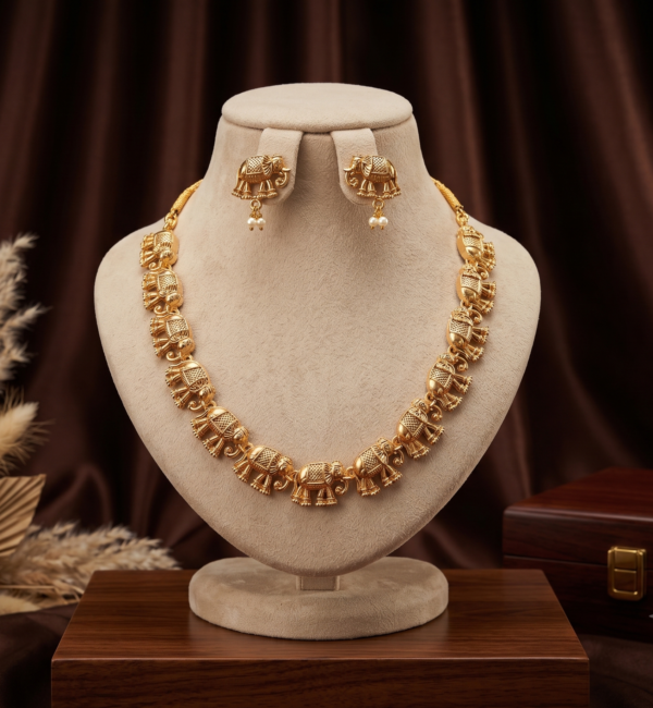 Matte Gold Finish Elephant Design Necklace Set with Matching Earrings