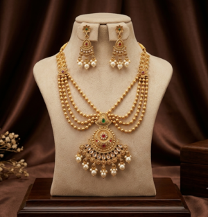 Multi Layer Beaded Long Haram Necklace Set Matte Gold Finish Multi Layer Beaded Long Haram Necklace Set with Earrings