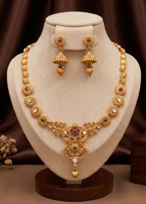 Matte Gold Finish Floral Traditional Necklace Set with Jhumka Earrings