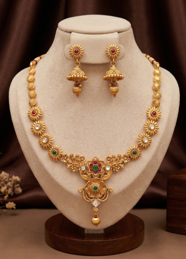 Matte Gold Finish Floral Traditional Necklace Set with Jhumka Earrings
