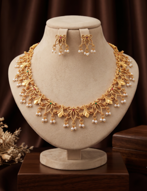 Matte Gold Finish Floral Leaf Necklace Set with Pearl Drops and Earrings