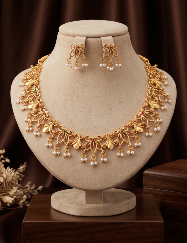 Matte Gold Finish Floral Leaf Necklace Set with Pearl Drops and Earrings