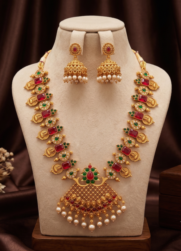 Matte Gold Finish Kemp Stone Long Haram Necklace Set with Jhumka Earrings