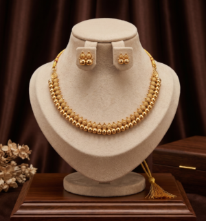 Matte Gold Finish Ball Beads Short Necklace Set with Earrings