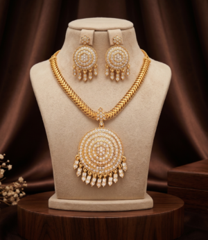 Matte Gold Finish AD Stone Round Pendant Necklace Set with Earrings